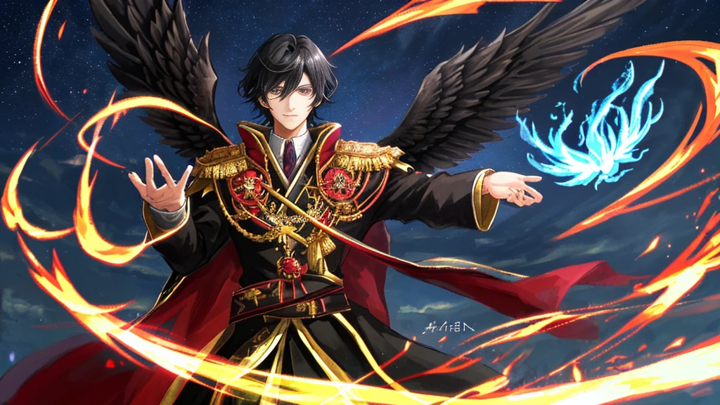 handsome boy, black hair, royal clothes, phoenix black wings, shadow, mystic, anime 8k resolution, night sky