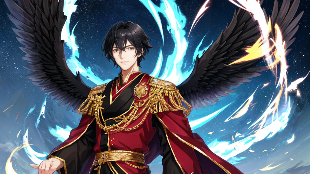 handsome boy, black hair, royal clothes, phoenix black wings, shadow, mystic, anime 8k resolution, night sky