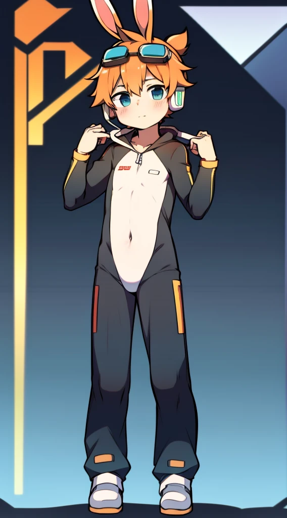 2D Boy Shota，One-piece racing suit，Slim, healthy body，Put the headphones on your head，stand up，goggles，Rabbit ears