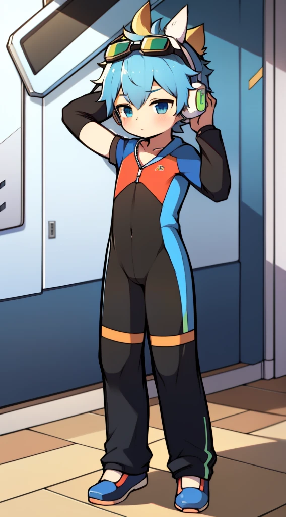 2D Boy Shota,One-piece racing suit,Slim, healthy body,Put the headphones on your head,stand up,goggles,Rabbit ears