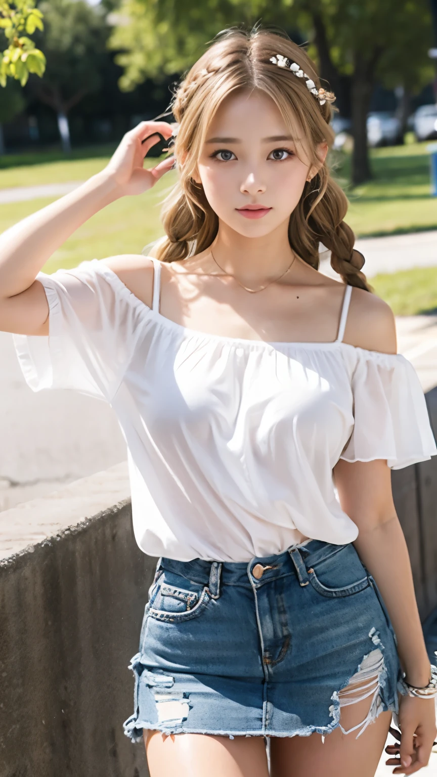 sexy big breasts、Sexy cute looks and cute 15 year old beautiful girl, Beautiful and sexy face、The strong wind blows the hair in front of my face、Blonde French braids with cute and sexy eyes hidden by long bangs、Off-the-shoulder t-shirt、Tulle miniskirt