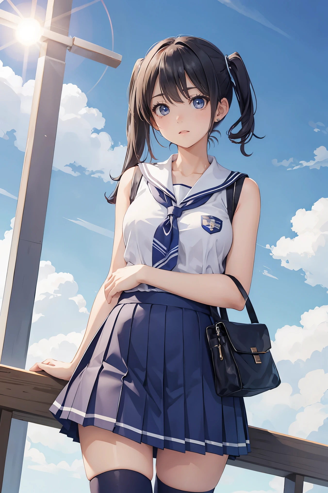 A school girl in sky,sleeveless middy uniform