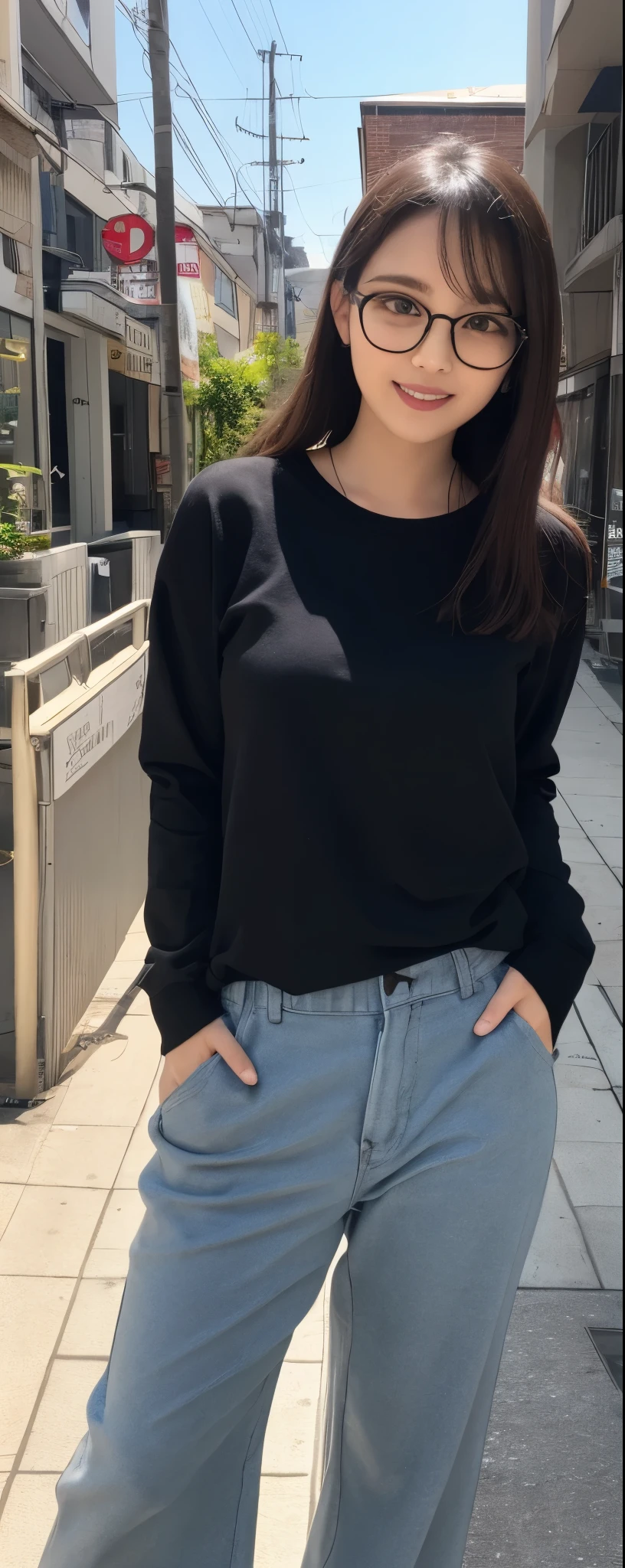 Very cute、(short girl)、(1 cute girl)、()、(medium long hair)、ponytail、(slender)、baby face, ekin with exquisite detail、((selfie))、(long sleeve black blouse)、(long blue pants)、(Smile at the camera)、profetional lighting、BREAK、(realisitic、Photorealsitic:1.37)、8k、((​masterpiece))、(top-quality:1.4)、(超A high resolution:1.2)、 (RAW Photography:1.2)、perfect anatomia、((4 fingers and 1 thumb))、hyper detailed background、(Unity 8k壁纸)、in room