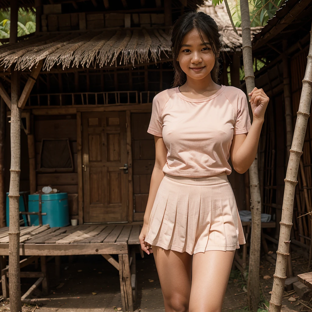 A 11 years old Indonesian girl, wearing peach color lace tight t-shirt, wearing very short peach color lace pleated skirt, villager, poor girl, darker skin, curvier body, short body, smiling and standing in the old bamboo cabin in a forest, look to the viewer with eye close