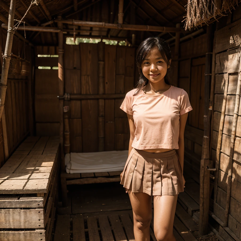 A 11 years old Indonesian girl, wearing peach color lace tight t-shirt, wearing very short peach color lace pleated skirt, villager, poor girl, darker skin, curvier body, short body, smiling and standing in the old bamboo cabin in a forest, look to the viewer with eye close