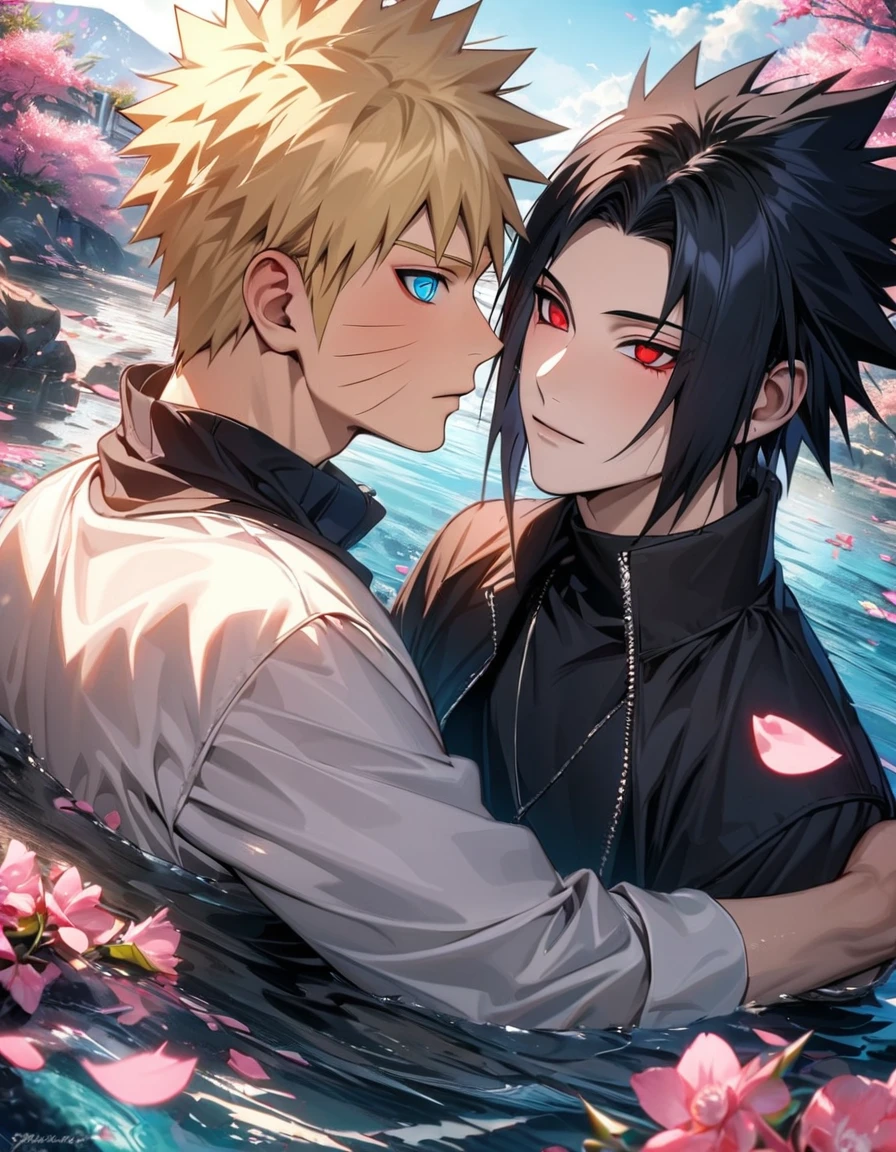 (absurdres, highres, ultra detailed, HDR), master piece, best quality, Uchiha Sasuke, black hair, vibrant red eyes, Naruto Shippuden, Uzumaki Naruto, blond hair, vibrant turquoise eyes, 2men together as a couple, gay, handsome, pink flowers, pink butterflies, pink petals, water