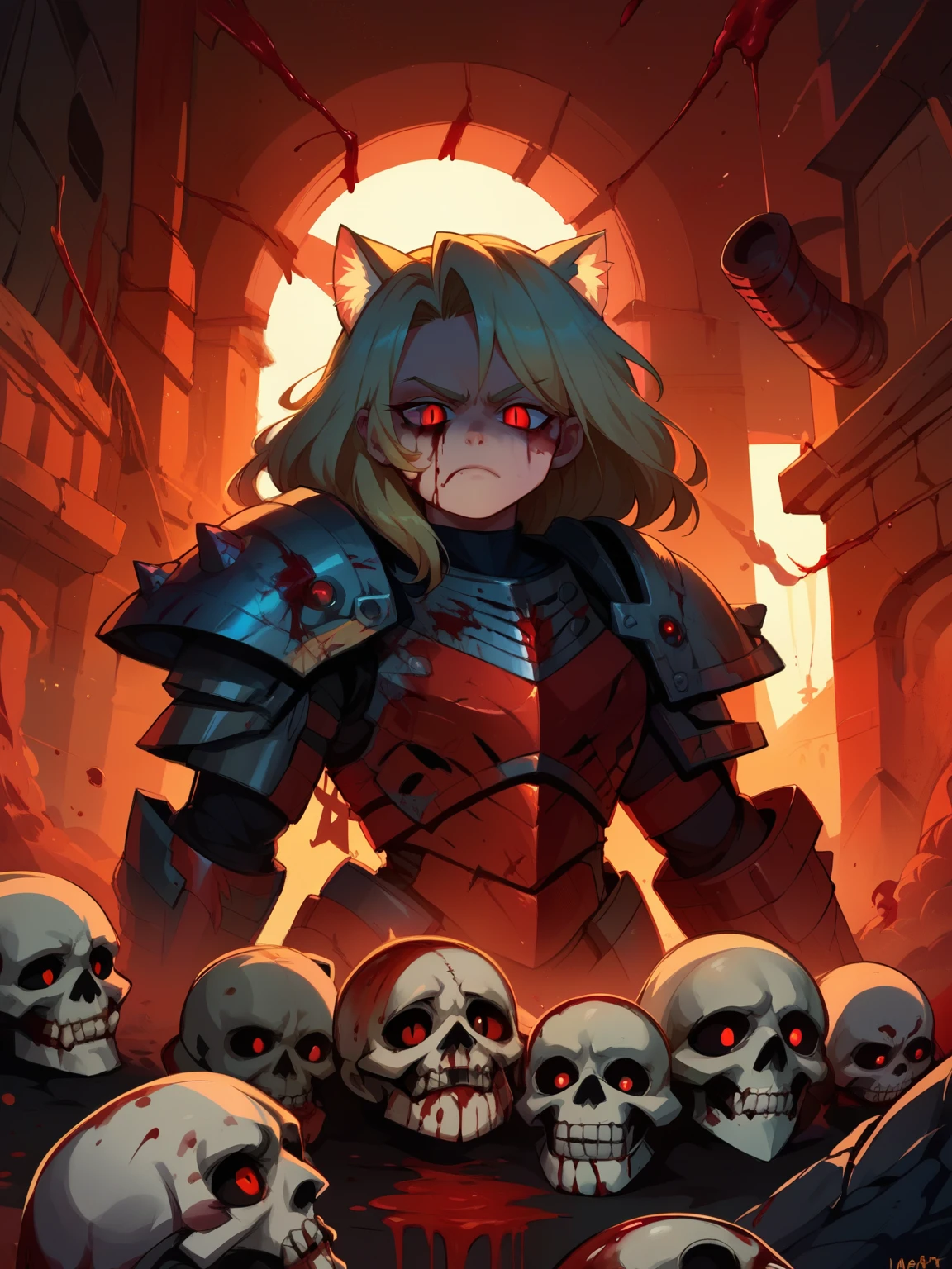 score_9, score_8_up, score_7_up, score_6_up,score_5_up,score_4_up, BREAK dripjacket, own hands together,necoarcslit pupils, chibi, :3cat ears, power armor, blonde hair, red eyes, young khornate berzerker covered in blood, blood on face, blood on armor, battlefield, pile of skulls, full shot,