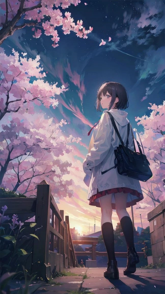 Girl looking up scene 1: Shadow of the cherry blossoms at dusk A girl stands quietly with the sky behind her, Dyed azure. 彼女の目の前にそびえ立つのはバベルのtowerと呼ばれる巨大な桜だ. The Shape, Like piercing the clouds, It&#39;s like it&#39;s reaching the sky. The girl&#39;s gaze is directed towards the top of the cherry tree.. tower, Enveloped in the darkness of the evening, Creates a fantastic atmosphere. The surface of the cherry tree has intricate patterns engraved on it.. Old-fashioned. The girl seemed to sense something deep within the cherry blossoms.. Is it a memory of a classic story?、Or is it a longing for an unknown fantasy world?? Scene 2: star空の記憶 night skyに無数のstarが瞬く中、少女はtowerの頂上に立つ. At her feet, The city lights shine like jewels. The girl takes a deep breath. 夜風の匂いとtowerの古い匂いが混じる. The girl&#39;s mind replayed a famous story. The girl read a story of adventure and friendship.。 . The main character of the story, Like a girl, バベルのtowerに登りました. There, She met her friends、Overcoming various difficulties. One day the girl had a dream。, Like the main character, I&#39;ll go on an adventure. Scene 3: 朝焼けの約束 朝日の光がtowerを照らす頃、少女はtowerを出た. think back, towerは朝日に輝いて神々It even seemed. 少女はいつかまたこのtowerに登ると決めた. And she, She vows to tell the rest of the story. step by step, The girl walked into the future,Cherry blossom trees,Fluttering cherry blossoms,night sky,milky way,star,black hair,short bob,looking at me