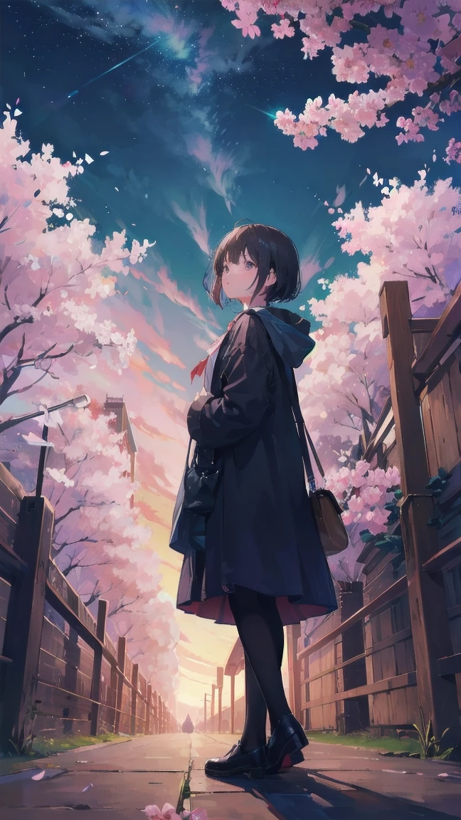 Girl looking up scene 1: Shadow of the cherry blossoms at dusk A girl stands quietly with the sky behind her, Dyed azure. 彼女の目の前にそびえ立つのはバベルのtowerと呼ばれる巨大な桜だ. The Shape, Like piercing the clouds, It&#39;s like it&#39;s reaching the sky. The girl&#39;s gaze is directed towards the top of the cherry tree.. tower, Enveloped in the darkness of the evening, Creates a fantastic atmosphere. The surface of the cherry tree has intricate patterns engraved on it.. Old-fashioned. The girl seemed to sense something deep within the cherry blossoms.. Is it a memory of a classic story?、Or is it a longing for an unknown fantasy world?? Scene 2: star空の記憶 night skyに無数のstarが瞬く中、少女はtowerの頂上に立つ. At her feet, The city lights shine like jewels. The girl takes a deep breath. 夜風の匂いとtowerの古い匂いが混じる. The girl&#39;s mind replayed a famous story. The girl read a story of adventure and friendship.。 . The main character of the story, Like a girl, バベルのtowerに登りました. There, She met her friends、Overcoming various difficulties. One day the girl had a dream。, Like the main character, I&#39;ll go on an adventure. Scene 3: 朝焼けの約束 朝日の光がtowerを照らす頃、少女はtowerを出た. think back, towerは朝日に輝いて神々It even seemed. 少女はいつかまたこのtowerに登ると決めた. And she, She vows to tell the rest of the story. step by step, The girl walked into the future,Cherry blossom trees,Fluttering cherry blossoms,night sky,milky way,star,black hair,short bob,looking at me