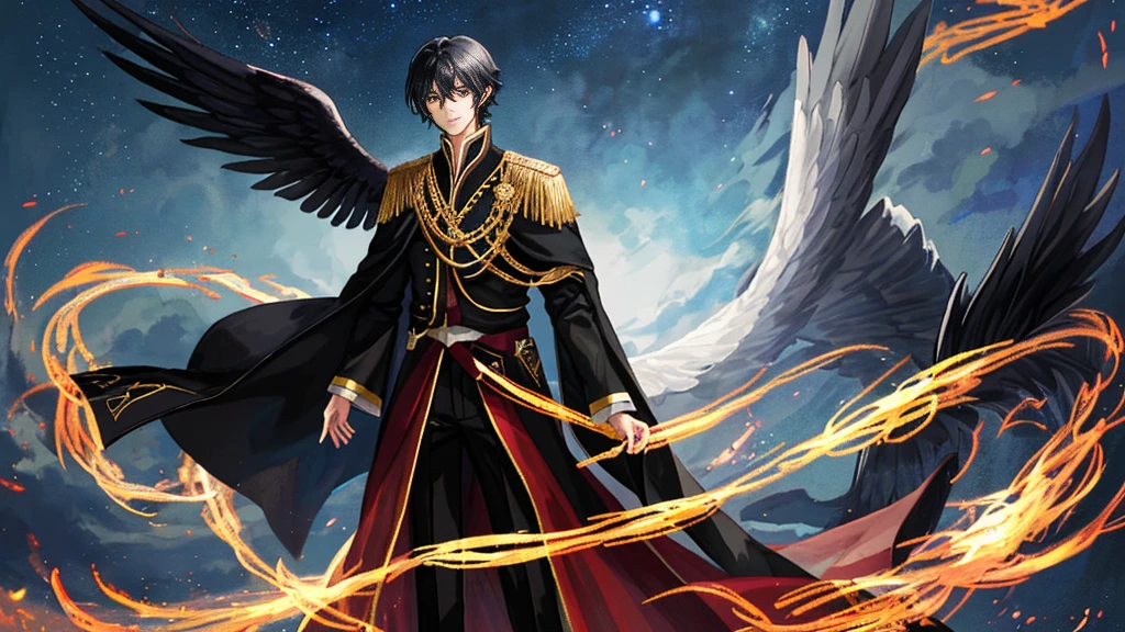 handsome boy, black hair, royal clothes, phoenix black wings, shadow, mystic, anime 8k resolution, night sky