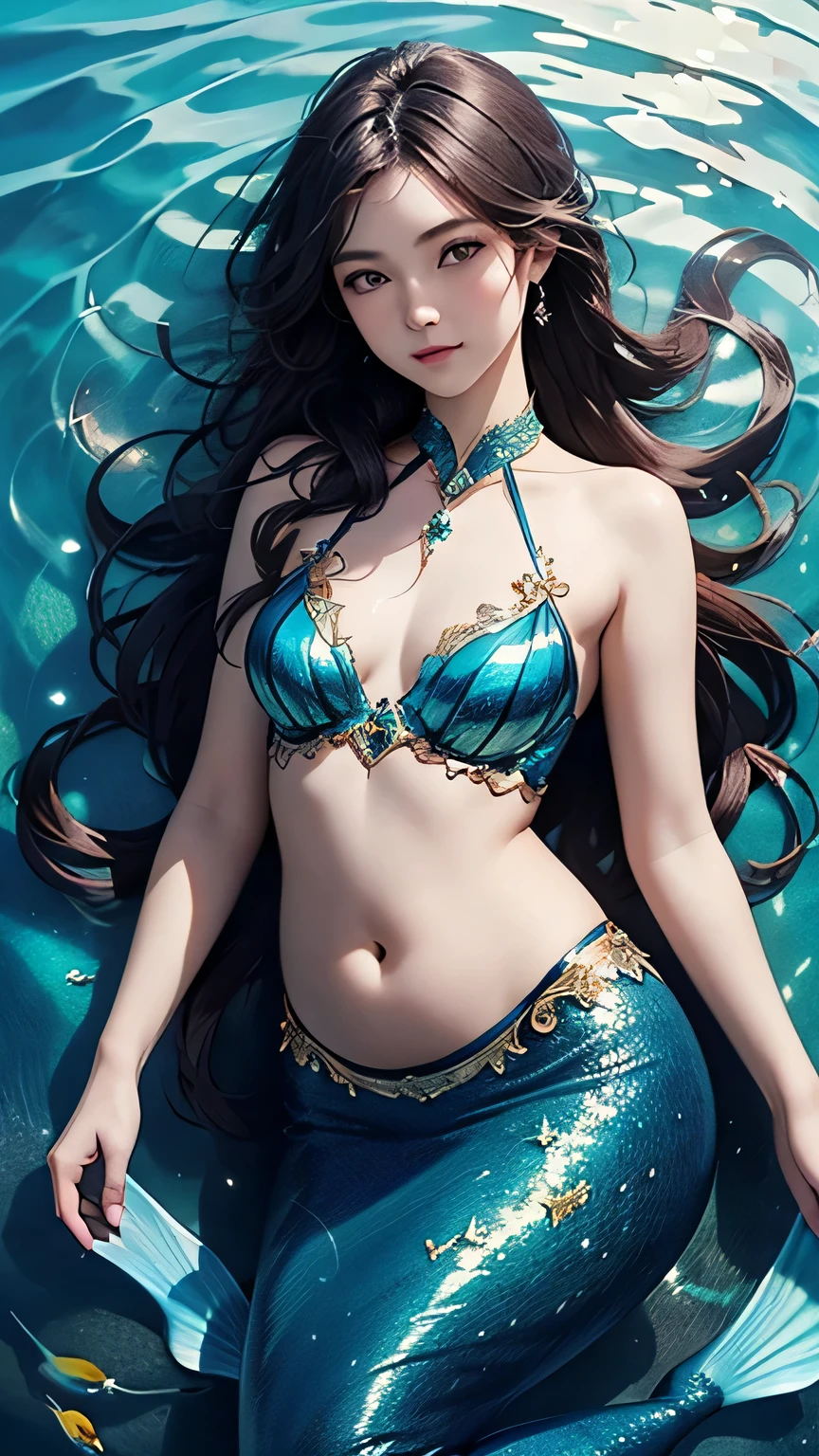 (((Masterpiece))),((top quality)),one beautiful girl,(belly button)、A woman with a mermaid tail swims in the ocean, beautiful digital artwork, beautiful mermaid, beautiful fantasy art, very beautiful fantasy art, beautiful digital art,Face down on the beach