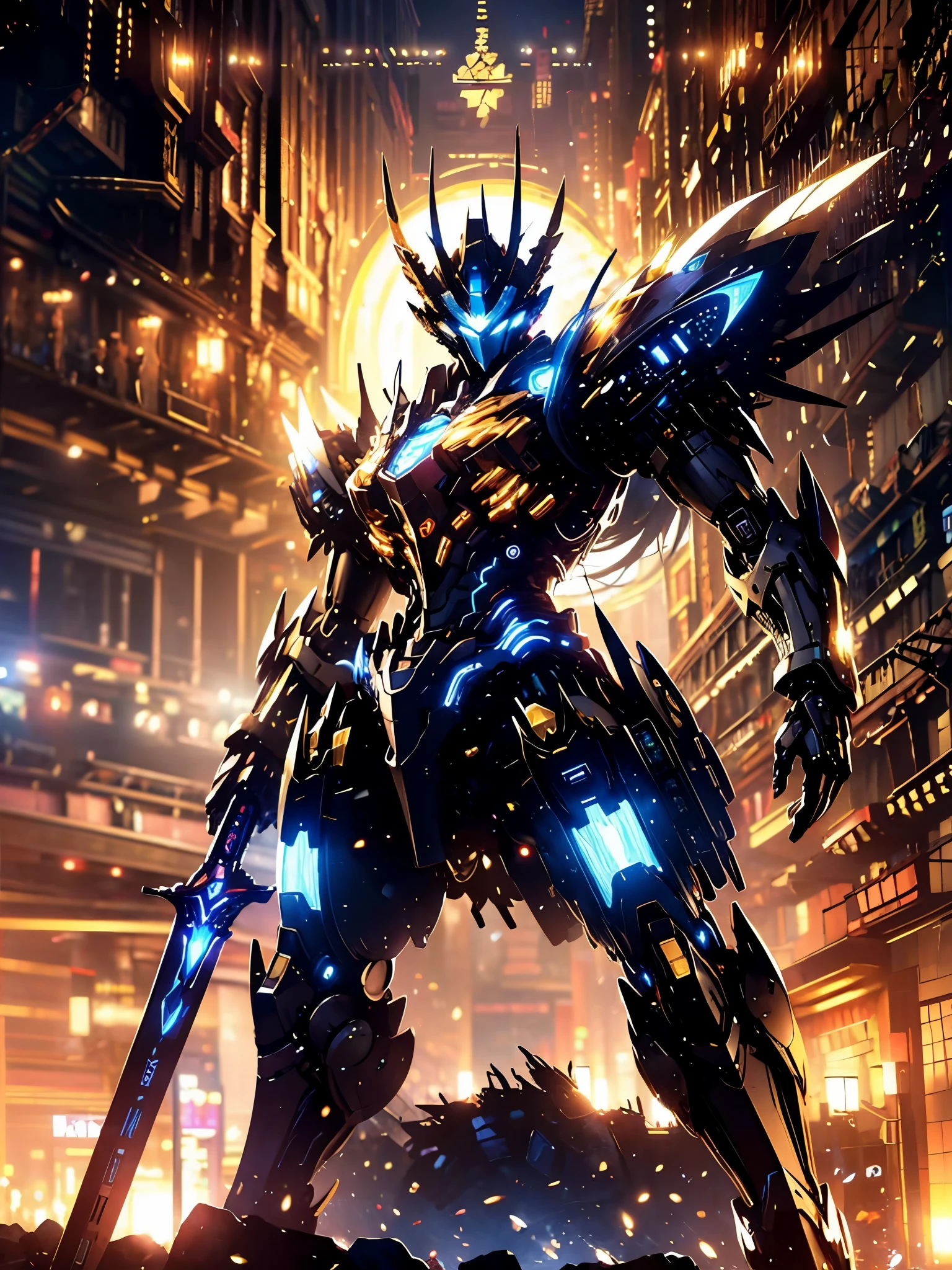 Futuristic tech style,Blue and white mech，All surrounded by particle dragons，With a spear，in a fighting stance，（《Romance of the Three Kingdoms》，《zhao yun》，Full body mecha,Fighting posture）, Keqing from Genshin Impact, (Masterpiece) ， The best quality， High quality，Gold armor，movie lighting， （Exquisite future）， Beautiful and beautiful， Ultra detailed， great composition， Floating， Depth of field， （Very detailed CG，Unity 8k wallpaper）， （Beautiful detail background）， dramatic lights， GOGETTA， Mecha，best qualtiy，ultra high resolution，Vivid Wait for it to begin