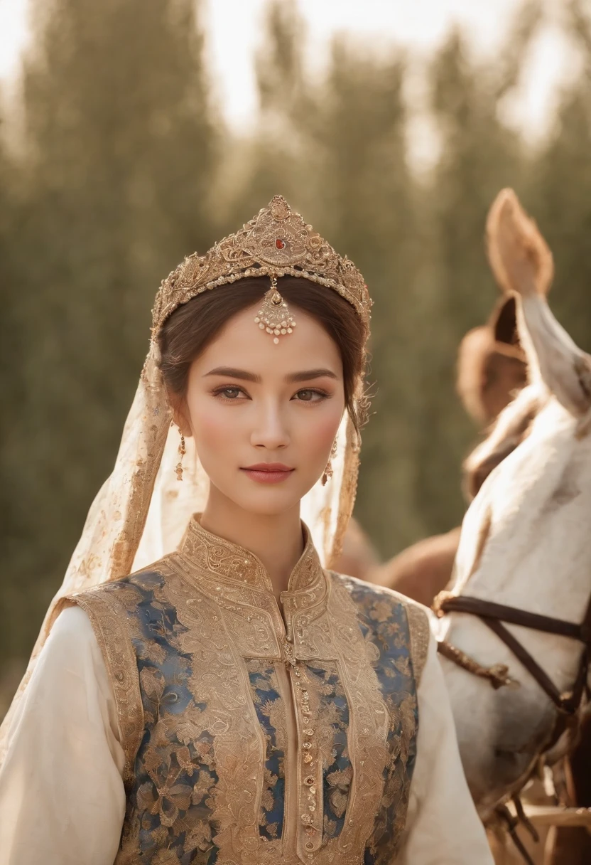 A heartwarming and lyrical scene depicts an intimate encounter between a man and a woman.。Happiness in love。tears of gratitude。steppe of central asia。Sparkling in the moonlight、By the swaying Ili。Creates a fantastic and romantic atmosphere。The couple is embracing each other in bliss。 The man is tall and has dark hair that frames his striking face.。The man is the crown prince of the Turkic nomadic empire.。The man is wearing an ultramarine outfit intricately embroidered with gold thread.。This is the costume that proves he is the Crown Prince.。The women are ordinary people of the oasis and wear Uighur traditional clothing.。The woman from Turpan in the Takmalakan Desert is delicate and .。Show off your radiant beauty with flowing, light-colored hair。 their pure love、Emphasis is placed on transcending class and culture.。 This magical moment captures the essence of their love。Evokes a sense of purity, sweetness and singleness。Persian miniature、Reminiscent of Gustave Moreau's style、delicate、beautiful、Exotic, luxurious and full of profound charm。