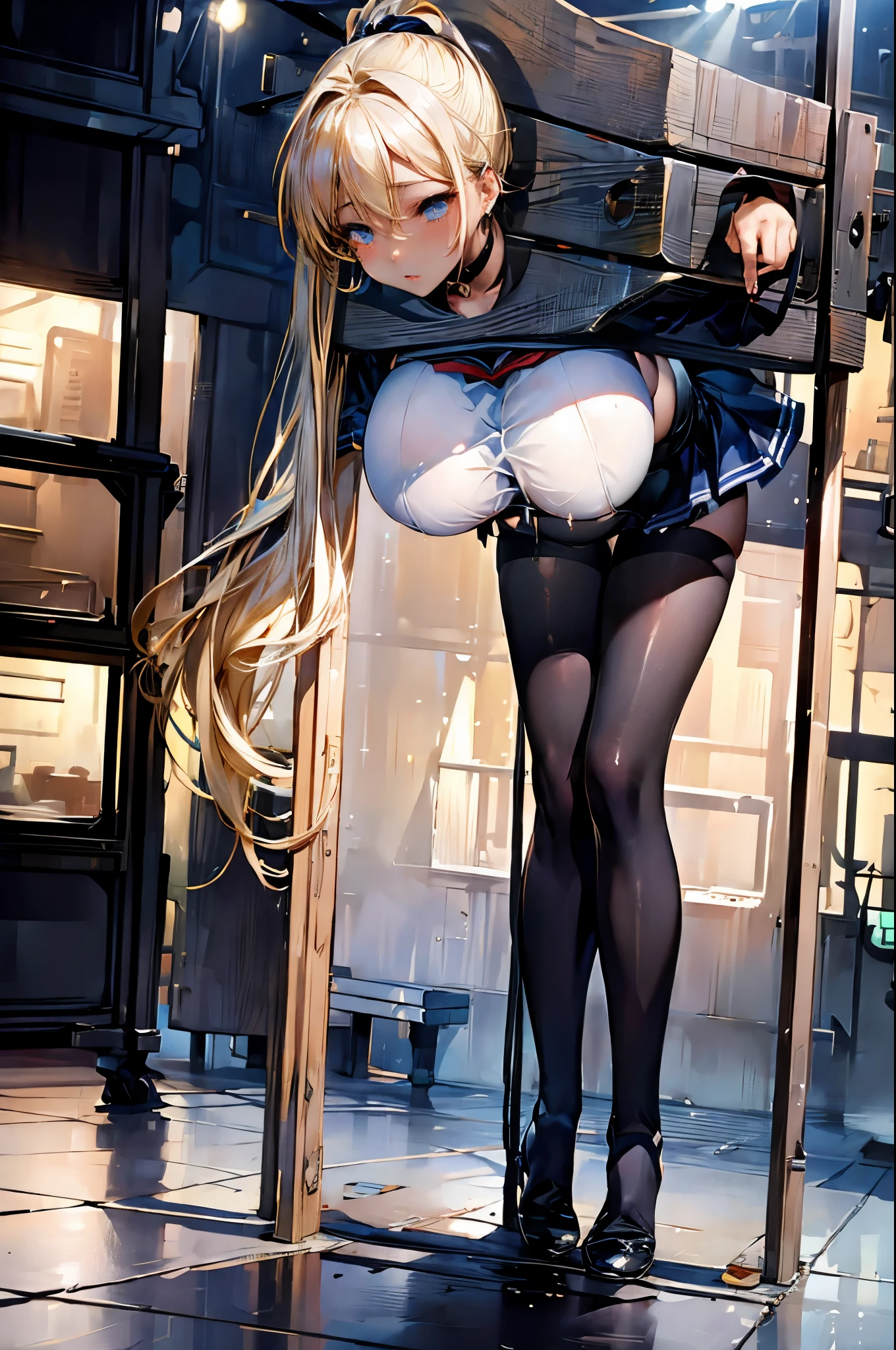 (masterpiece:1.2、highest quality、T Masterpiece)、1 female、alone、classroom、Day、stand、blonde、ponytail、blue eyes、(sailor suit:1.3)、(black skin:1.25)、big breasts、pantyhose、corset、earrings、lipstick、very sweaty、Scrunchie、choker、blush、(pillory:1.4)