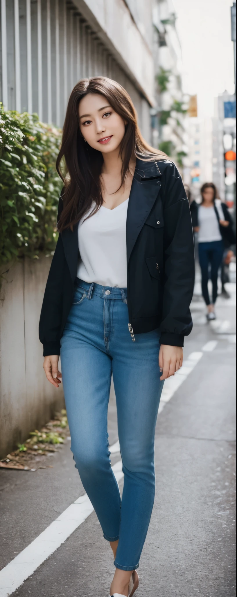 masuterpiece, Best Quality, Illustration, Ultra-detailed, finely detail, hight resolution, 8K Wallpaper, Perfect dynamic composition, from front, Beautiful detailed eyes, ,Medium wavy Hair, wearing oversize rider jacket:1.2, long pants, Natural Color Lip, Random and sexy poses,Smile, Aoyama Street Walk, 28 years girl