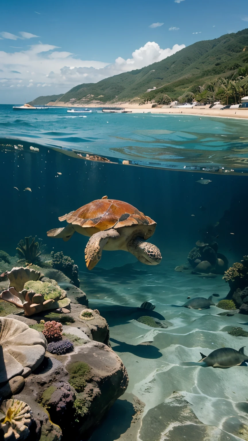 Una tortuga marina nadando entre los corales y las algas, amazed by the beauty of the ocean.
