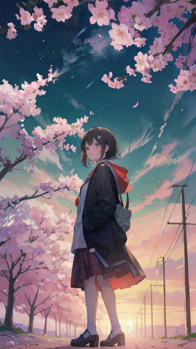 Girl looking up scene 1: Shadow of the cherry blossoms at dusk A girl stands quietly with the sky behind her, Dyed azure. 彼女の目の前にそびえ立つのはバベルのtowerと呼ばれる巨大な桜だ. The Shape, Like piercing the clouds, It&#39;s like it&#39;s reaching the sky. The girl&#39;s gaze is directed towards the top of the cherry tree.. tower, Enveloped in the darkness of the evening, Creates a fantastic atmosphere. The surface of the cherry tree has intricate patterns engraved on it.. Old-fashioned. The girl seemed to sense something deep within the cherry blossoms.. Is it a memory of a classic story?、Or is it a longing for an unknown fantasy world?? Scene 2: star空の記憶 night skyに無数のstarが瞬く中、少女はtowerの頂上に立つ. At her feet, The city lights shine like jewels. The girl takes a deep breath. 夜風の匂いとtowerの古い匂いが混じる. The girl&#39;s mind replayed a famous story. The girl read a story of adventure and friendship.。 . The main character of the story, Like a girl, バベルのtowerに登りました. There, She met her friends、Overcoming various difficulties. One day the girl had a dream。, Like the main character, I&#39;ll go on an adventure. Scene 3: 朝焼けの約束 朝日の光がtowerを照らす頃、少女はtowerを出た. think back, towerは朝日に輝いて神々It even seemed. 少女はいつかまたこのtowerに登ると決めた. And she, She vows to tell the rest of the story. step by step, The girl walked into the future,Cherry blossom trees,Fluttering cherry blossoms,night sky,milky way,star,black hair,short bob,looking at me,smile