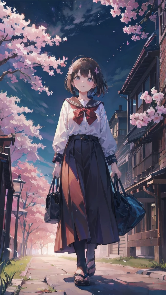 Girl looking up scene 1: Shadow of the cherry blossoms at dusk A girl stands quietly with the sky behind her, Dyed azure. 彼女の目の前にそびえ立つのはバベルのtowerと呼ばれる巨大な桜だ. The Shape, Like piercing the clouds, It&#39;s like it&#39;s reaching the sky. The girl&#39;s gaze is directed towards the top of the cherry tree.. tower, Enveloped in the darkness of the evening, Creates a fantastic atmosphere. The surface of the cherry tree has intricate patterns engraved on it.. Old-fashioned. The girl seemed to sense something deep within the cherry blossoms.. Is it a memory of a classic story?、Or is it a longing for an unknown fantasy world?? Scene 2: star空の記憶 night skyに無数のstarが瞬く中、少女はtowerの頂上に立つ. At her feet, The city lights shine like jewels. The girl takes a deep breath. 夜風の匂いとtowerの古い匂いが混じる. The girl&#39;s mind replayed a famous story. The girl read a story of adventure and friendship.。 . The main character of the story, Like a girl, バベルのtowerに登りました. There, She met her friends、Overcoming various difficulties. One day the girl had a dream。, Like the main character, I&#39;ll go on an adventure. Scene 3: 朝焼けの約束 朝日の光がtowerを照らす頃、少女はtowerを出た. think back, towerは朝日に輝いて神々It even seemed. 少女はいつかまたこのtowerに登ると決めた. And she, She vows to tell the rest of the story. step by step, The girl walked into the future,Cherry blossom trees,Fluttering cherry blossoms,night sky,milky way,star,black hair,short bob,looking at me,smile