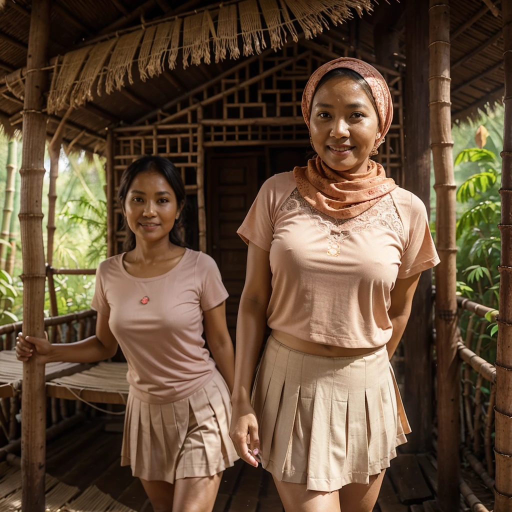 A 52 years old Indonesian woman in peach color hijab, wearing peach color lace tight t-shirt, wearing very short peach color lace pleated skirt, villager, poor woman, darker skin, curvier body, short body, smiling and standing in the old bamboo cabin in a forest, look to the viewer with eye close