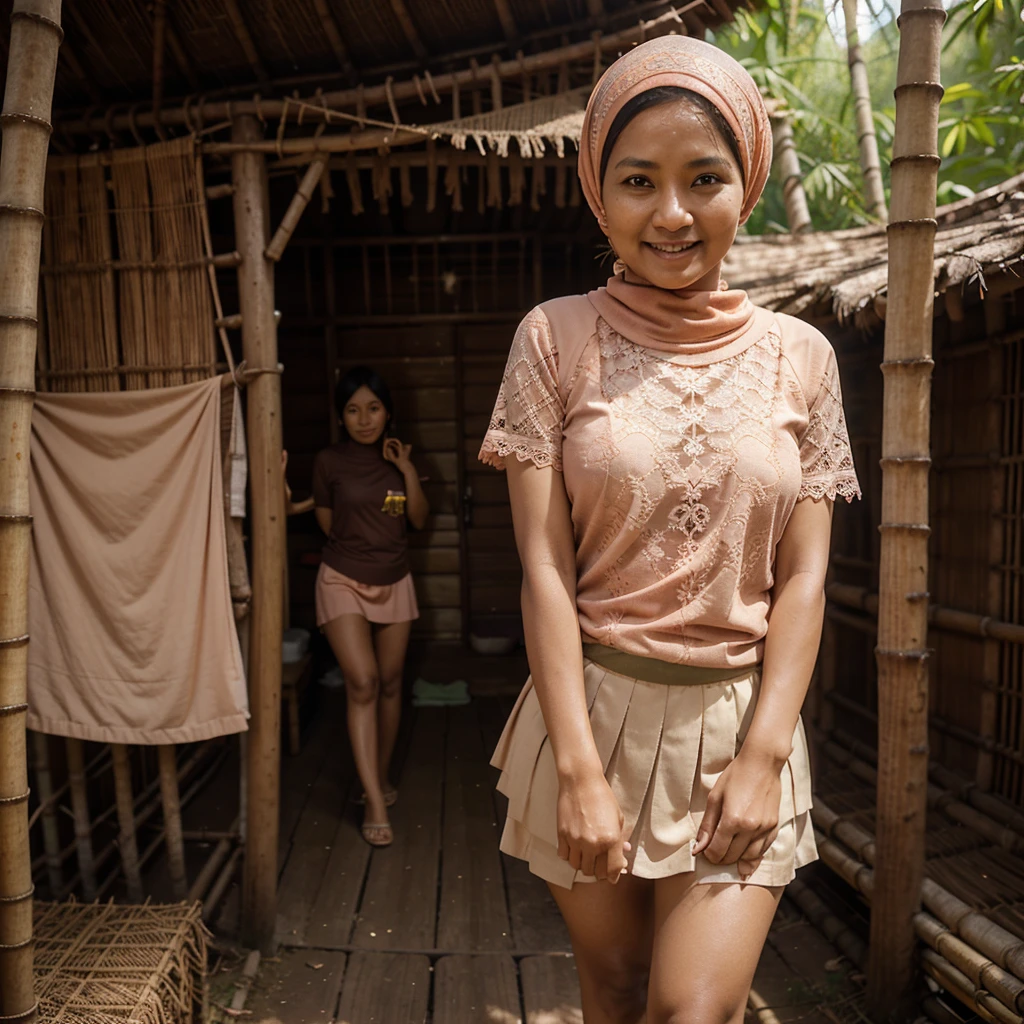 A 52 years old Indonesian woman in peach color hijab, wearing peach color lace tight t-shirt, wearing very short peach color lace pleated skirt, villager, poor woman, darker skin, curvier body, short body, smiling and standing in the old bamboo cabin in a forest, look to the viewer with eye close