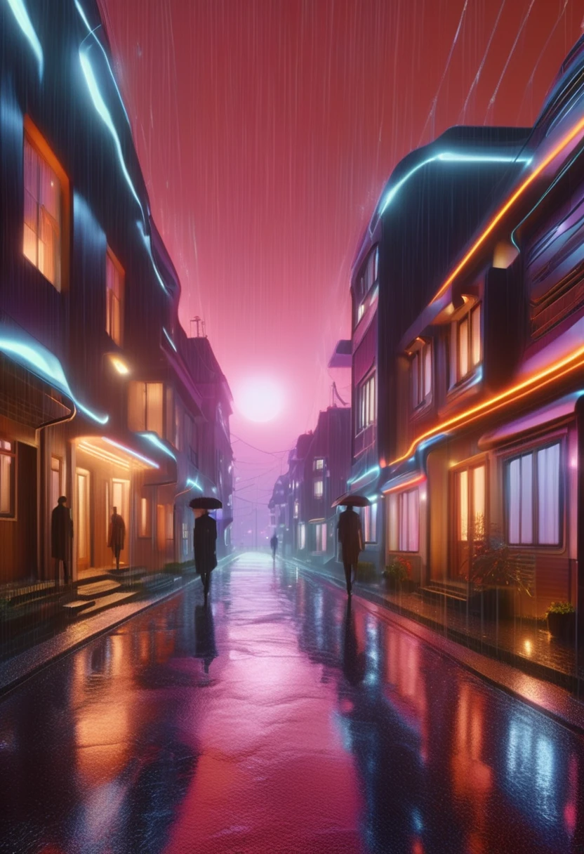 small street with low lighting, with several houses with lights on at dusk, retro futuristic style, with some people walking and a light rain