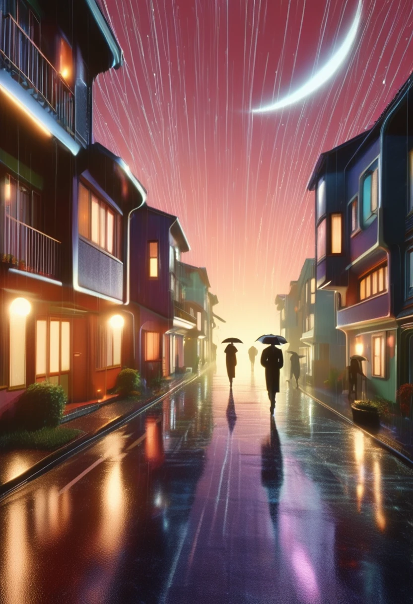 small street with low lighting, with several houses with lights on at dusk, retro futuristic style, with some people walking and a light rain