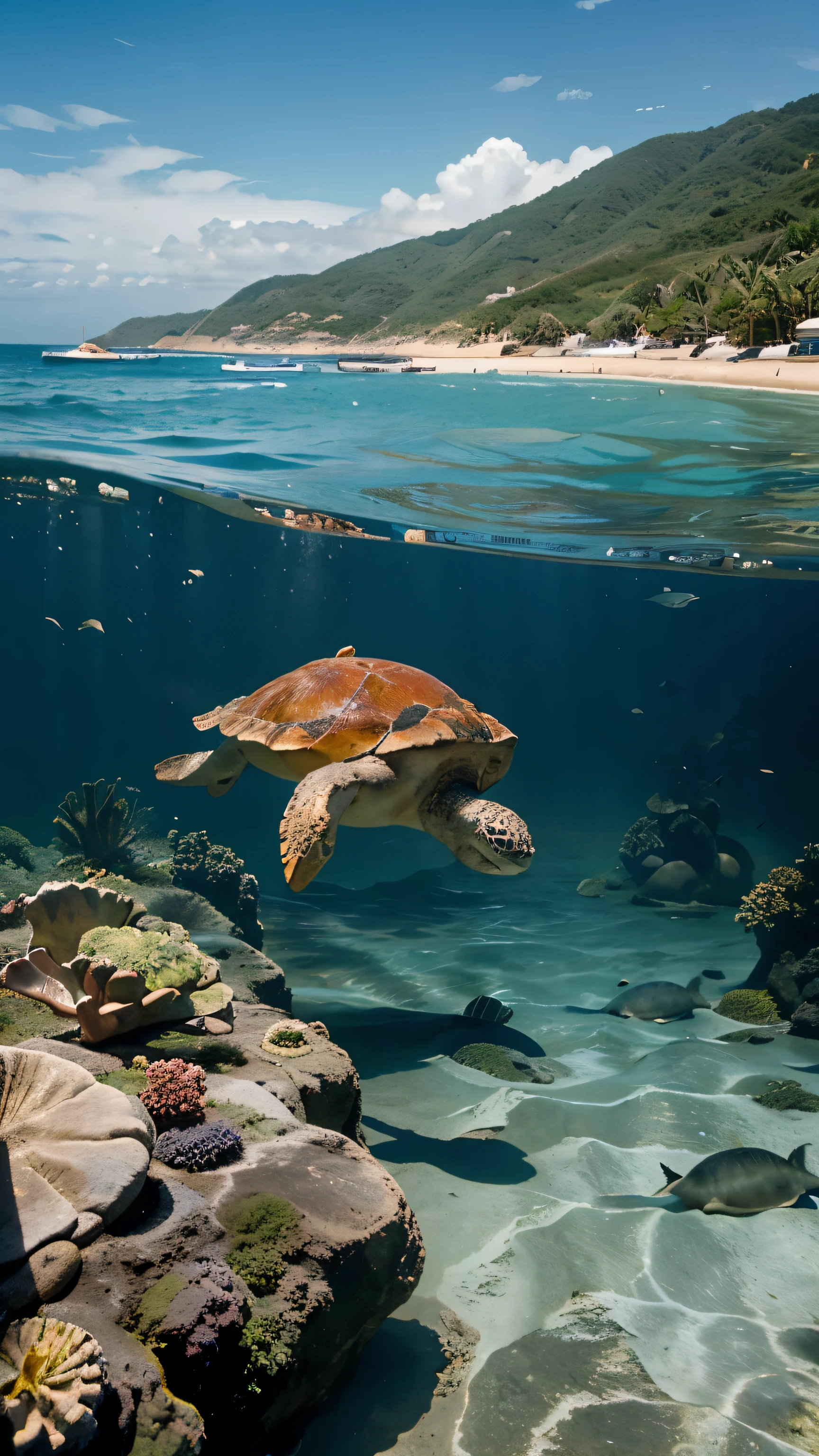 Una tortuga marina nadando entre los corales y las algas, amazed by the beauty of the ocean.