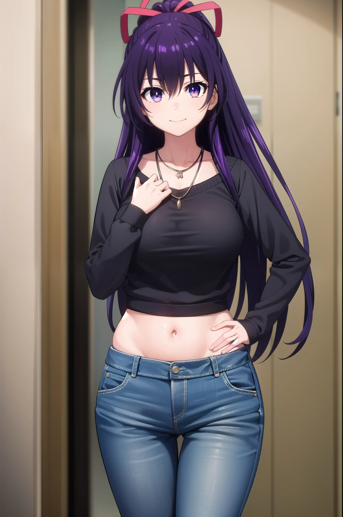 tohkayatogami, tohka yatogami casual, long hair, purple hair, alluringly smile , knit sweater ,tight sweater, horizontal line on sweater, turtle neck, ,necklace, ribbon , denim trousers, purse (purple eyes:1.1), hair ribbon, ponytail, purple hair, white ribbon, g cup breasts, slender waist, plump butt , high heels 
BREAK ,
BREAK indoors, office, alone, 
BREAK looking at viewer, seduce poses, hand on chest, leaning (cowboy shot:1.5),
BREAK (masterpiece:1.2), best quality, high resolution, unity 8k wallpaper, (illustration:0.8), (beautiful detailed eyes:1.6), extremely detailed face, perfect lighting, extremely detailed CG, (perfect hands, perfect anatomy),