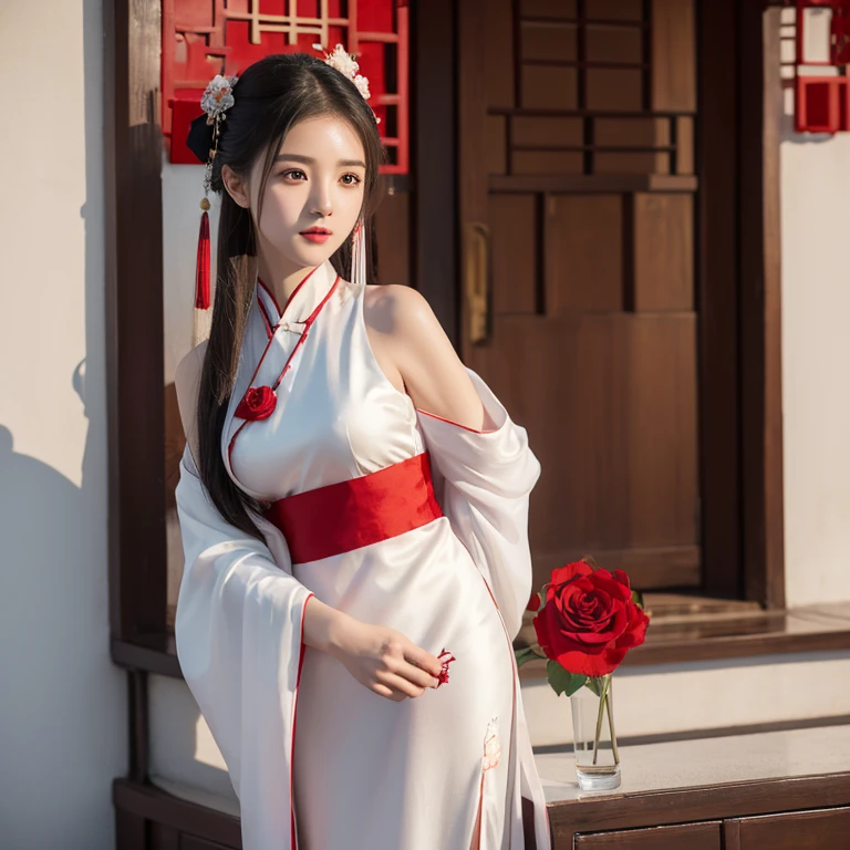 Anime girl holding a glass of milk and a red rose, Chinese girl, Realistic cute girl painting, beautiful figure painting, cute numbers艺术, A girl wearing Hanfu, cute and beautiful, Lovely and detailed digital art, cute numbers, Chinese style美, Hungry Ghost Festival, Chinese style