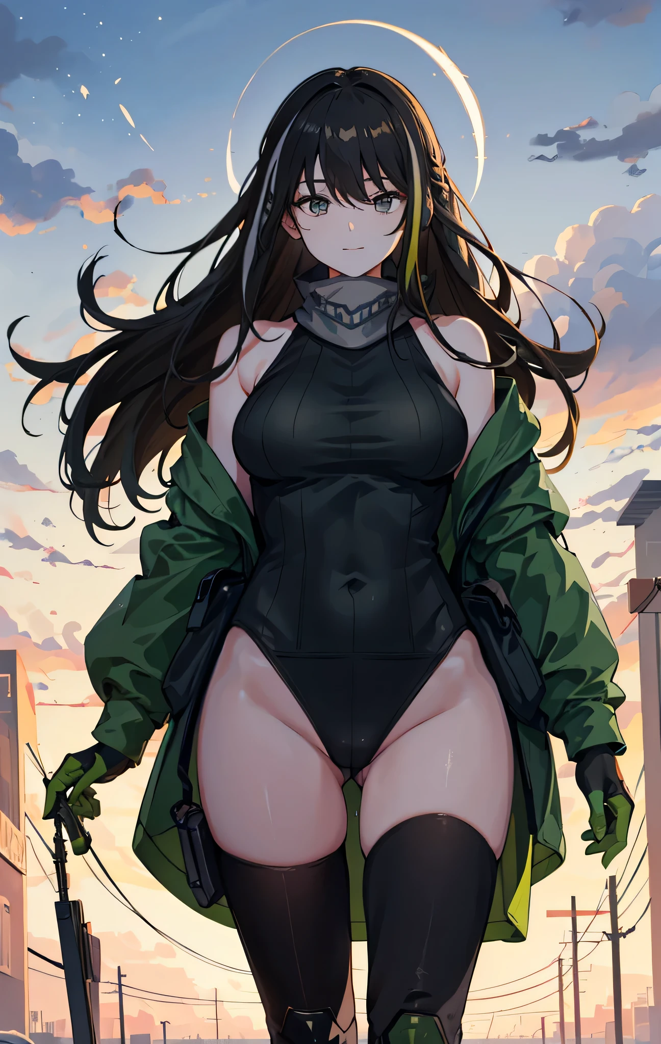 (SFW), masterpiece, best quality, highres k, professional artwork, famous artwork, clean, cinematic lighting, beautiful eyes + detail, beautiful hair + detail, multicoloured hair, (sexy young female body:1.4), ( medium breasts, lactation), happy:1.2, smile, sexy looking at the viewer, floating hair, (M4a1), makeup, neckerchief, green armband, one-piece sweater, black hair, long hair, earphones, brown eyes, sand-colored windbreaker tied around the waist
outdoors, at night, walking , on street, (in love), from above, leotard