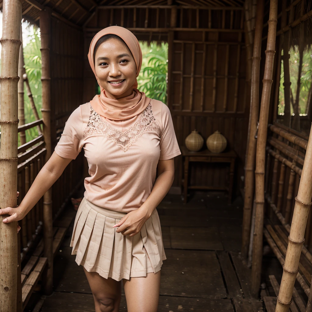 A 52 years old Indonesian woman in peach color hijab, wearing peach color lace tight t-shirt, wearing very short peach color lace pleated skirt, villager, poor woman, darker skin, curvier body, short body, smiling and standing in the old bamboo cabin in a forest, look to the viewer with eye close