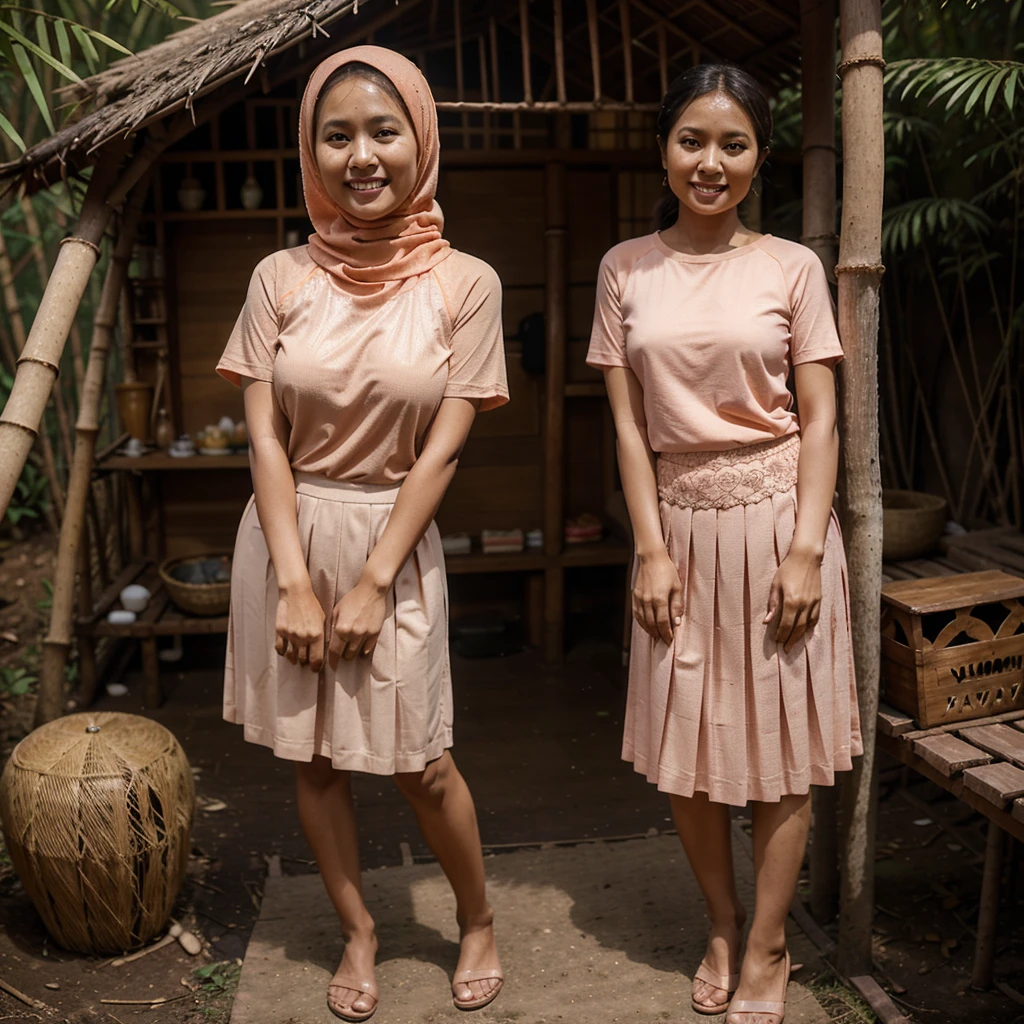 A 52 years old Indonesian woman in peach color hijab, wearing peach color lace tight t-shirt, wearing very short peach color lace pleated skirt, villager, poor woman, darker skin, curvier body, short body, smiling and standing in the old bamboo cabin in a forest, look to the viewer with eye close