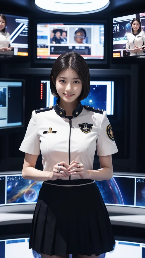 (highest resolution, clear_image), highest quality, masterpiece, very detailed, semi-realistic, short black hair woman, mature woman, triple bang, black, black pleated skirt, uniform, SpaceshipSpace, Announcer&#39;s clothes、TV program、news program、Fake Reporting、