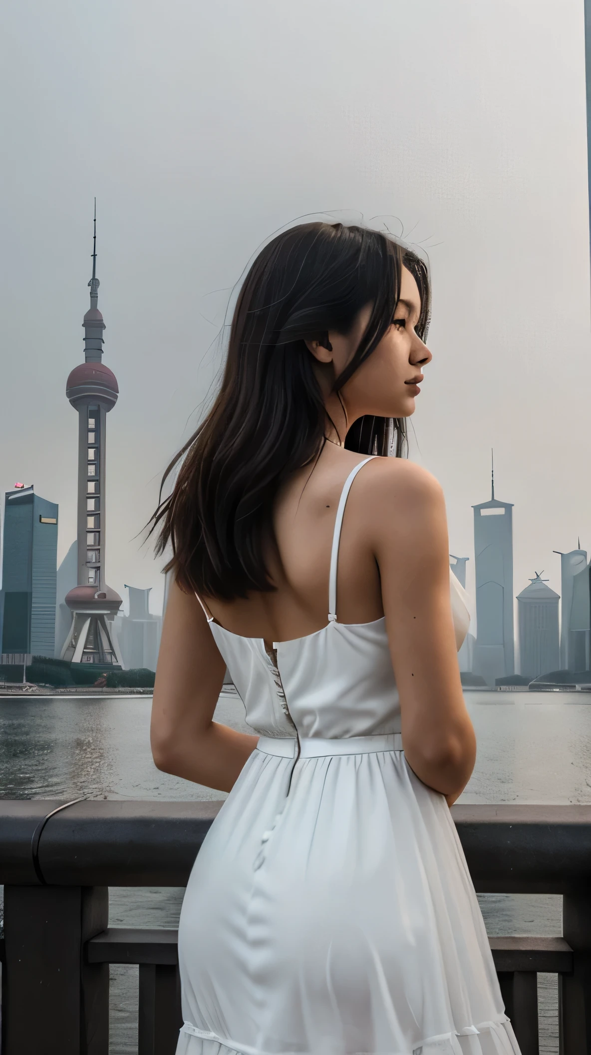 A girl standing by the riverbank, with her back facing the camera, wearing a white dress (white dress:2). Her black hair cascades down her back. The scene is set during early morning, with a white mist enveloping the sky and the famous Shanghai Bund as the backdrop. The composition focuses on the girl's figure (figure:0.8), without any railing obstructing the view. She gazes towards the scenery on the other side, with the towering silhouette of the TV tower faintly visible (masterpiece:1.2, 4k). The photograph is captured in black and white, with a high-contrast tone, emphasizing the white mist (high-key photography, white mist, black and white:0.5). The overall image quality is of the best quality, with ultra-detailed elements and a realistic and vivid portrayal (best quality, ultra-detailed, realistic:1.37, vivid colors). The lighting enhances the atmosphere, adding a soft and ethereal touch to the scene.