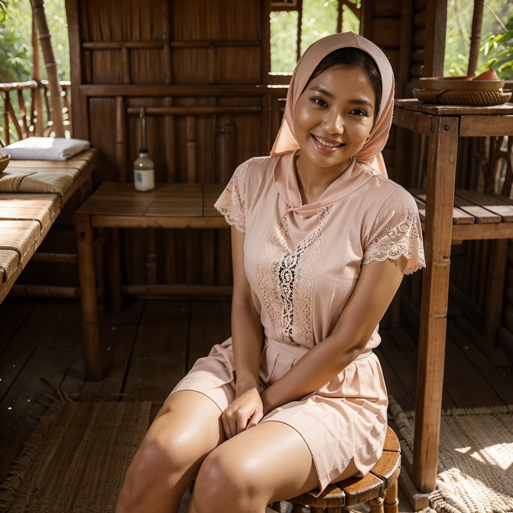 A 52 years old Indonesian woman in peach color hijab, wearing peach color lace tight t-shirt, wearing very short peach color lace pleated skirt, villager, poor woman, darker skin, curvier body, short body, smiling and sitting on a stool in the old bamboo cabin in a forest, look to the viewer with eye close