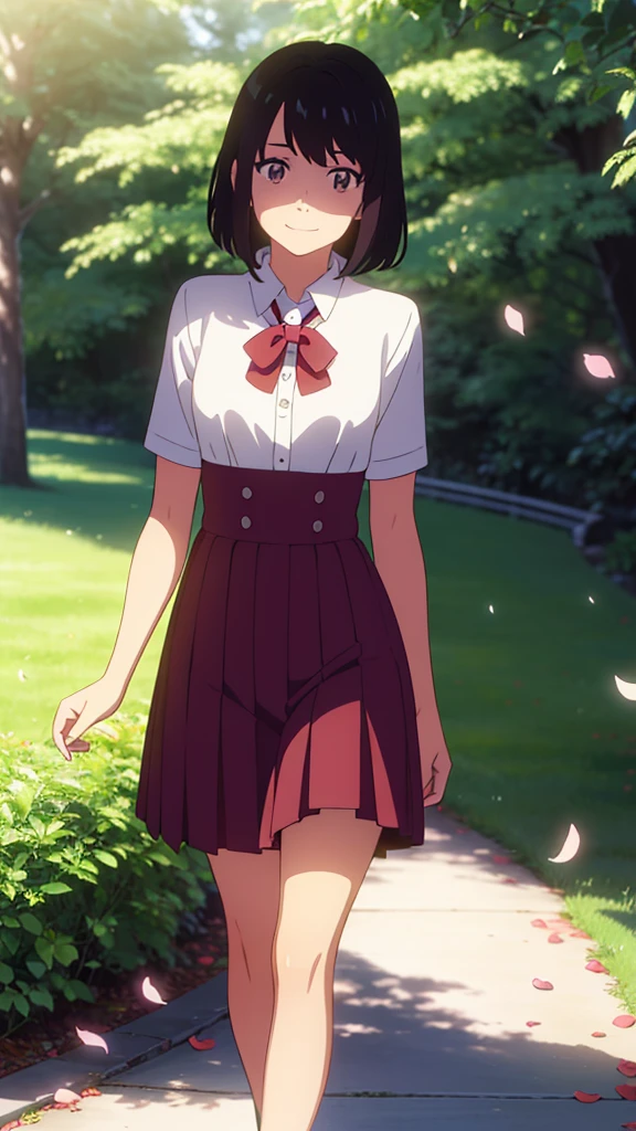 shinkai makoto, kimi no na wa., 1 chica, Golpes, PELO NEGRO, la camisa negra, hombros descubiertos, falda plisada blanca, falda corta, diadema roja, Arco rojo, Red ribbon, rubor, ojos brillantes, Brown eyes, cabello corto, sonrisa, lindo, Hermoso, boca abierta, amar, mirando al espectador, pendientes, cereza_flores, descendente_petals, petals, rama, rosa_flor, luz de sol, primavera_season, viento, tree