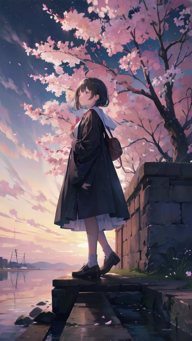 Girl looking up scene 1: Shadow of the cherry blossoms at dusk A girl stands quietly with the sky behind her, Dyed azure. 彼女の目の前にそびえ立つのはバベルのtowerと呼ばれる巨大な桜だ. The Shape, Like piercing the clouds, It's like it's reaching the sky. The girl's gaze is directed towards the top of the cherry tree.. tower, Enveloped in the darkness of the evening, Creates a fantastic atmosphere. The surface of the cherry tree has intricate patterns engraved on it.. Old-fashioned. The girl seemed to sense something deep within the cherry blossoms.. Is it a memory of a classic story?、Or is it a longing for an unknown fantasy world?? Scene 2: star空の記憶 night skyに無数のstarが瞬く中、少女はtowerの頂上に立つ. At her feet, The city lights shine like jewels. The girl takes a deep breath. 夜風の匂いとtowerの古い匂いが混じる. The girl's mind replayed a famous story. The girl read a story of adventure and friendship.。 . The main character of the story, Like a girl, バベルのtowerに登りました. There, She met her friends、Overcoming various difficulties. One day the girl had a dream。, Like the main character, I'll go on an adventure. Scene 3: 朝焼けの約束 朝日の光がtowerを照らす頃、少女はtowerを出た. think back, towerは朝日に輝いて神々It even seemed. 少女はいつかまたこのtowerに登ると決めた. And she, She vows to tell the rest of the story. step by step, The girl walked into the future,Cherry blossom trees,Fluttering cherry blossoms,night sky,milky way,star,black hair,short bob,looking at me,sleeping on one's back,star