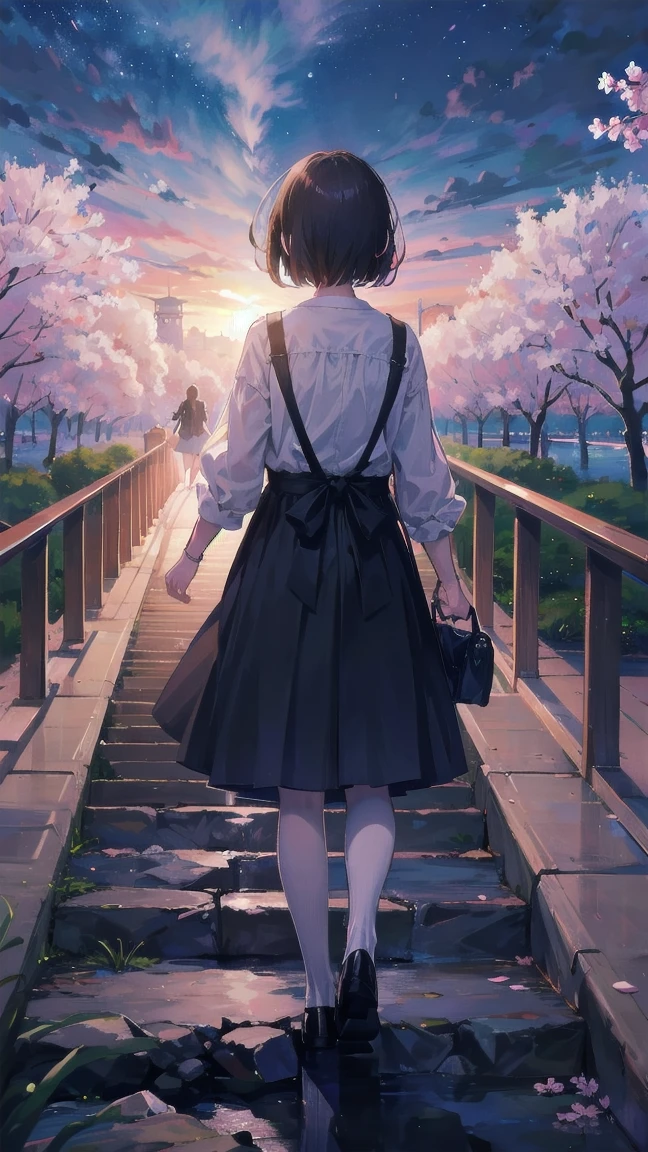 Girl looking up scene 1: Shadow of the cherry blossoms at dusk A girl stands quietly with the sky behind her, Dyed azure. 彼女の目の前にそびえ立つのはバベルのtowerと呼ばれる巨大な桜だ. The Shape, Like piercing the clouds, It&#39;s like it&#39;s reaching the sky. The girl&#39;s gaze is directed towards the top of the cherry tree.. tower, Enveloped in the darkness of the evening, Creates a fantastic atmosphere. The surface of the cherry tree has intricate patterns engraved on it.. Old-fashioned. The girl seemed to sense something deep within the cherry blossoms.. Is it a memory of a classic story?、Or is it a longing for an unknown fantasy world?? Scene 2: star空の記憶 night skyに無数のstarが瞬く中、少女はtowerの頂上に立つ. At her feet, The city lights shine like jewels. The girl takes a deep breath. 夜風の匂いとtowerの古い匂いが混じる. The girl&#39;s mind replayed a famous story. The girl read a story of adventure and friendship.。 . The main character of the story, Like a girl, バベルのtowerに登りました. There, She met her friends、Overcoming various difficulties. One day the girl had a dream。, Like the main character, I&#39;ll go on an adventure. Scene 3: 朝焼けの約束 朝日の光がtowerを照らす頃、少女はtowerを出た. think back, towerは朝日に輝いて神々It even seemed. 少女はいつかまたこのtowerに登ると決めた. And she, She vows to tell the rest of the story. step by step, The girl walked into the future,Cherry blossom trees,Fluttering cherry blossoms,night sky,milky way,star,black hair,short bob,looking at me,sleeping on one&#39;s back,star