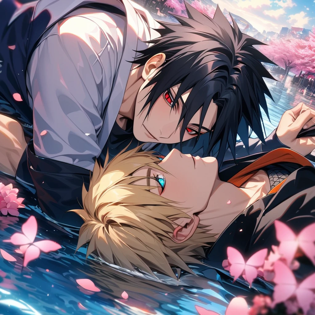 (absurdres, highres, ultra detailed, HDR), master piece, best quality, Uchiha Sasuke, black hair, vibrant red eyes, hair between the eyes, Naruto Shippuden, Uzumaki Naruto, blond hair, vibrant turquoise eyes, 2men together as a couple, gay, handsome, pink flowers, pink butterflies, pink petals, water
