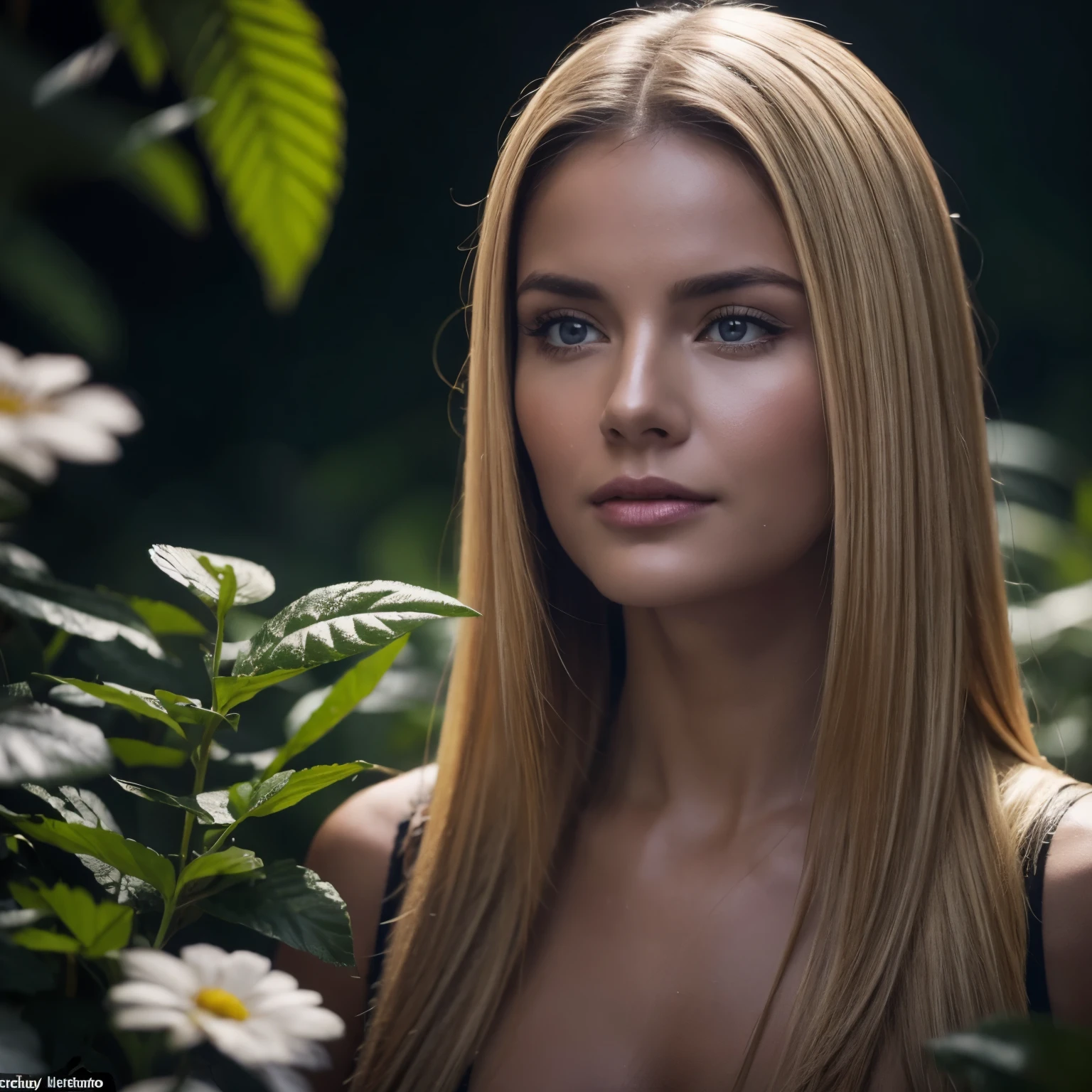 Hyperrealistic action scene., in which a beautiful 40-year-old blonde carefully studies the flora and fauna of Altai "Adds extremely precise details to plants., animales, And the girl&#39;s surprised expression.&#39;la cara, 8K, cinematic light, foto realista, renderizado de octanaje, centrado, obra maestra, 35mm,