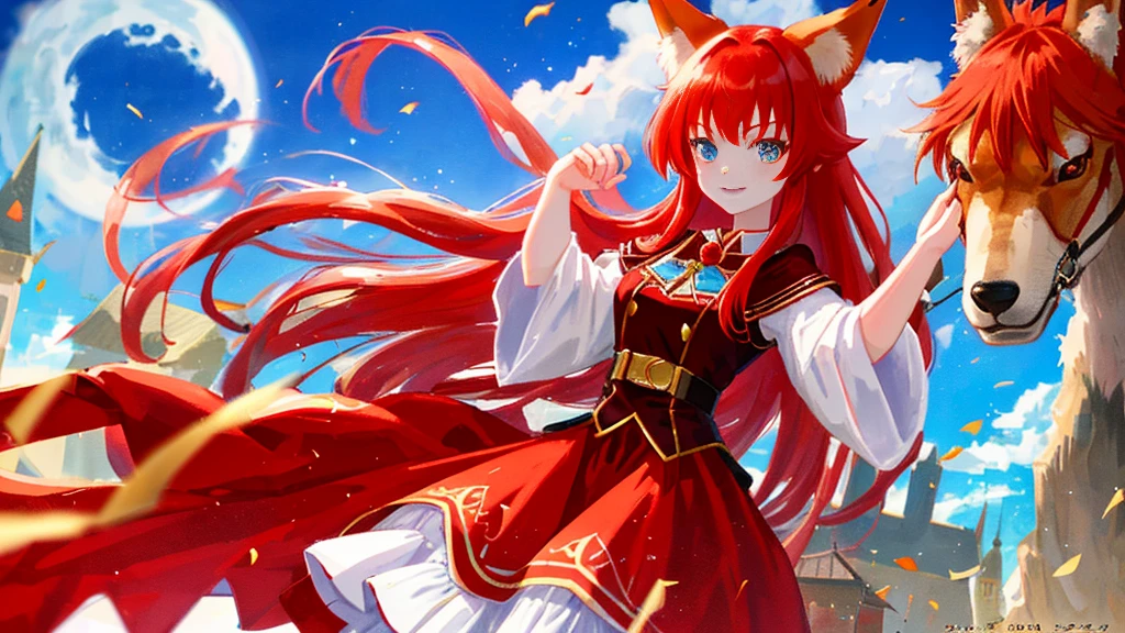 beutiful girl, red hair, fox ears, fox girl, royal clothes, miraculous power, anime 8k resolution, beutiful sky