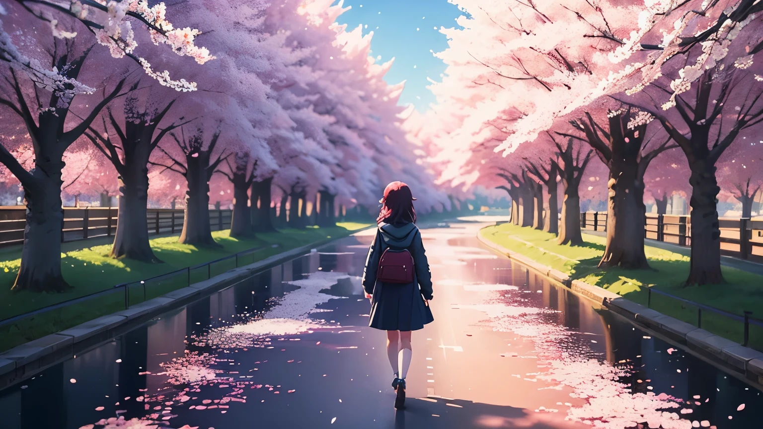 (((One girl))), girl looking at cherry blossoms, girl looking at rows of cherry trees, anime girl with space hair, anime girl with space hair, girl in space, beautiful girl on the horizon, Makoto Shinkai Cyril Roland, anime art wallpaper 4K, anime art wallpaper 4K, anime art wallpaper 8K, and soul, by Makoto Shinkai, vision, landscape upper half cherry blossoms and blue sky, vanishing point, ridiculous resolution, high resolution, super detailed, upper half cherry blossoms and blue sky. Cherry blossoms and blue sky in the upper half, fantasy, magic, big, prisma, beautiful lighting, bright lighting, soft lighting, lots of sparkling magic light. iridescent light, (spark:0.7), landscape, blue sky, pixiv, concept art, roffiart style, Makoto Shinkai, roffiart, beautiful anime landscape, anime landscape, detailed landscape - width 672, (((Makoto Shinkai style))), enhanced detail, anime wallpaper of a girl looking at the sky and cherry blossoms, (((shot from behind ))), (((one girl walking along cherry blossom trees, lots of cherry blossom snowstorm)))