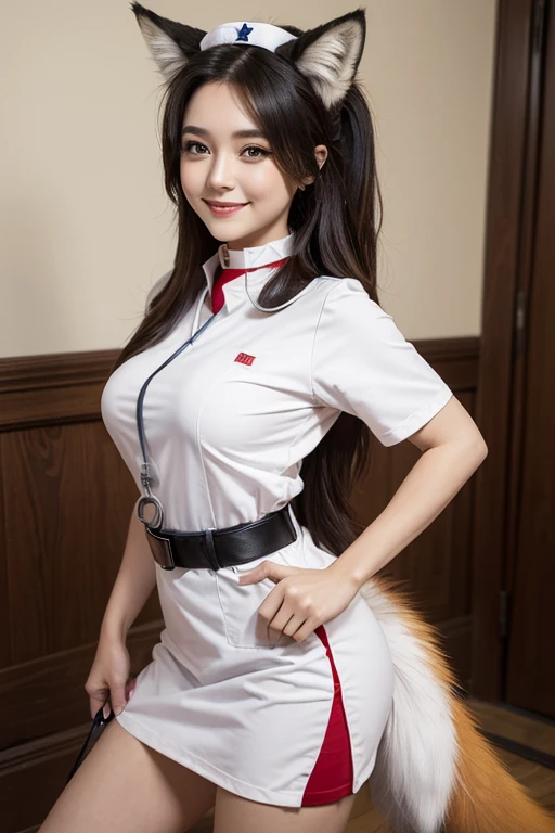 ((highest quality)), ((masterpiece)), (get used to it), perfect face, fox woman, Beautiful woman, public, A tail is growing, she has a fluffy tail, she has a fox tail, she wags her tail, smile, collar and leash, She is wearing a nurse uniform, beautiful hips,  big tail