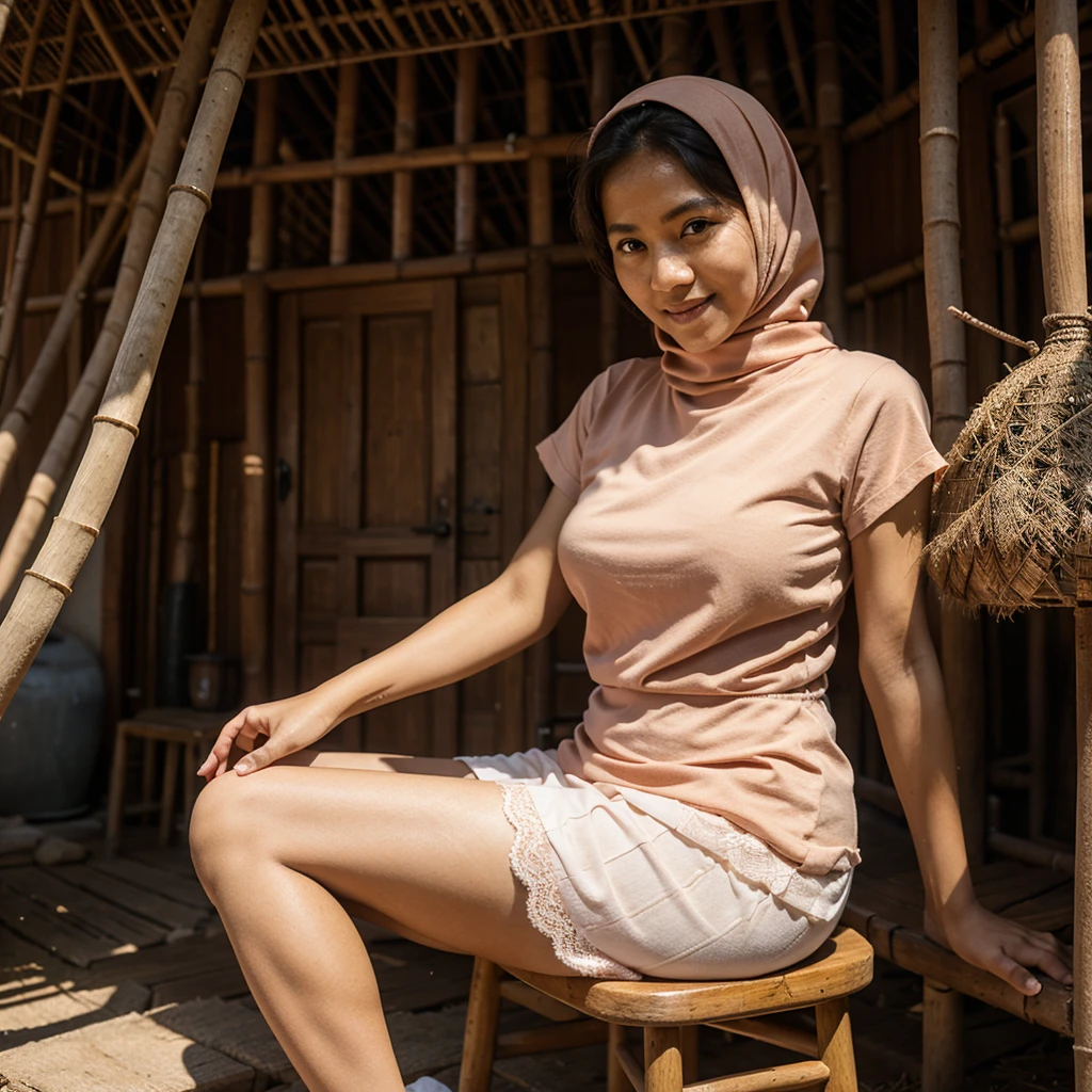 A 52 years old Indonesian woman in peach color hijab, wearing peach color lace tight t-shirt, wearing very short peach color lace pleated skirt, villager, poor woman, darker skin, curvier body, short body, smiling and sitting on a stool in the old bamboo cabin in a forest, look to the viewer with eye close