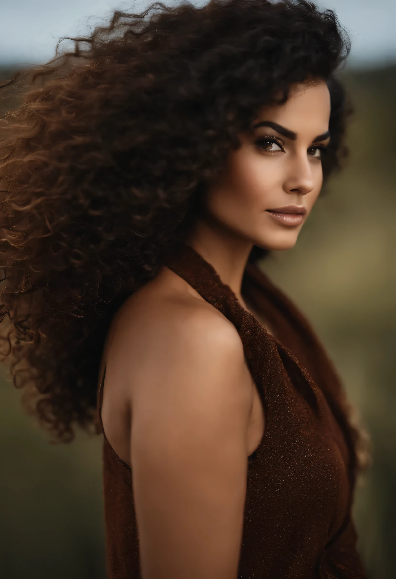 Un primer plano de una mujer con cabelo longo e encaracolado con un top negro, cabelos castanhos longos, cacheados e inchados, cabelo encaracolado, cabelo castanho cacheado, cabelo castanho cacheado, con cabelo longo e encaracolado, Banho turco Iman, cabelo encaracolado, cabelo longo e encaracolado, cabelo longo e encaracolado oscuro, cabelo longo e encaracolado, cabelo escuro cacheado, cabelo longo e encaracolado intrincado, mulher bonita