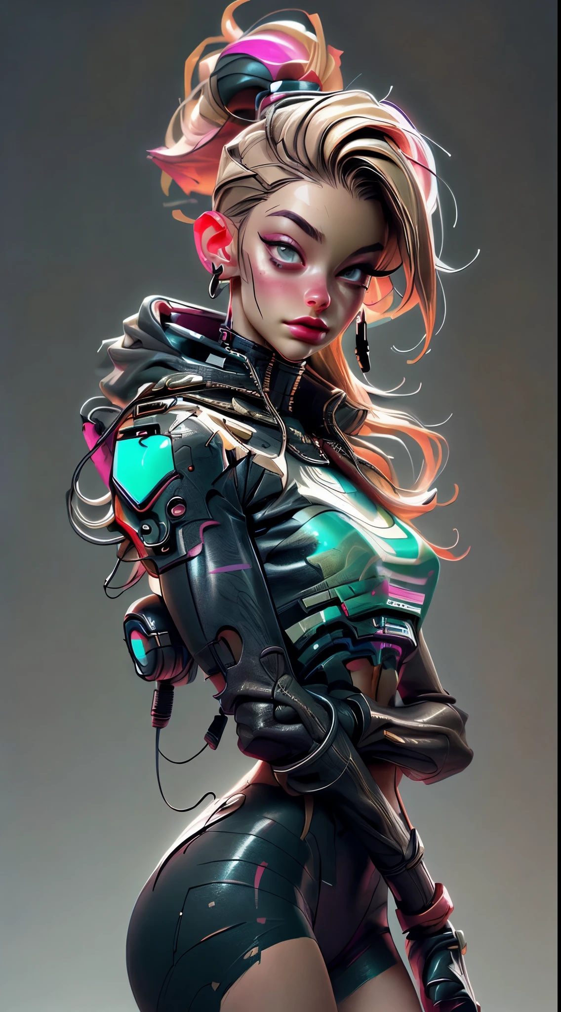(Melhor qualidade), (obra-prima), (realista) and ultra-detailed photo of cute girl in futuristic neon headphones with plastic fox ears, Ela tem um (de capuz), usa couro (desabotoado) jaqueta de corrida rosa-preto em um corpo nu, sob o qual podemos ver ((enormes peitinhos eretos semiabertos)), (mamilos eretos), barriga aberta, shorts apertados de couro, e exala uma vibe (beautiful and aesthetic), corpo sexy , pupilas detalhadas, detailed iris of eyes, Um sorriso envergonhado e lascivo abrindo a boca,