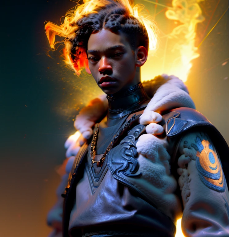 Strong blessed Warrior soul embodiment of peace, love, patience, bravery, courage, compassion, confidence, masculine, cancer sun, zodiac, Sagittarius moon in natal chart, Libra ascendant, man, Deep dark Blue hazey aura flowing around body, black man, brown skin, attractive, muscular, warm radiant essence, divine presence, Godly, Divine, grace, high resolution photo, 4k, 8k, high quality, anime, hetero, straight, dark haircut, Jay Z Style of clothing, HOVA, 50 Cent energy, Hip Hop, son of Rhea Ripley, genetics, African American, melanin skin