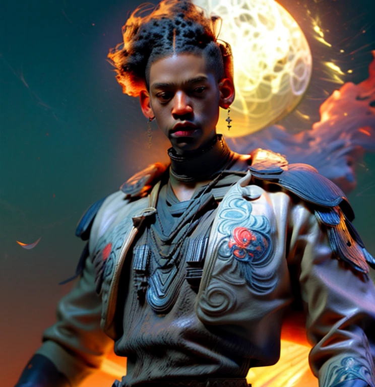 Strong blessed Warrior soul embodiment of peace, love, patience, bravery, courage, compassion, confidence, masculine, cancer sun, zodiac, Sagittarius moon in natal chart, Libra ascendant, man, Deep dark Blue hazey aura flowing around body, black man, brown skin, attractive, muscular, warm radiant essence, divine presence, Godly, Divine, grace, high resolution photo, 4k, 8k, high quality, anime, hetero, straight, dark haircut, Jay Z Style of clothing, HOVA, 50 Cent energy, Hip Hop, son of Rhea Ripley, genetics, African American, melanin skin