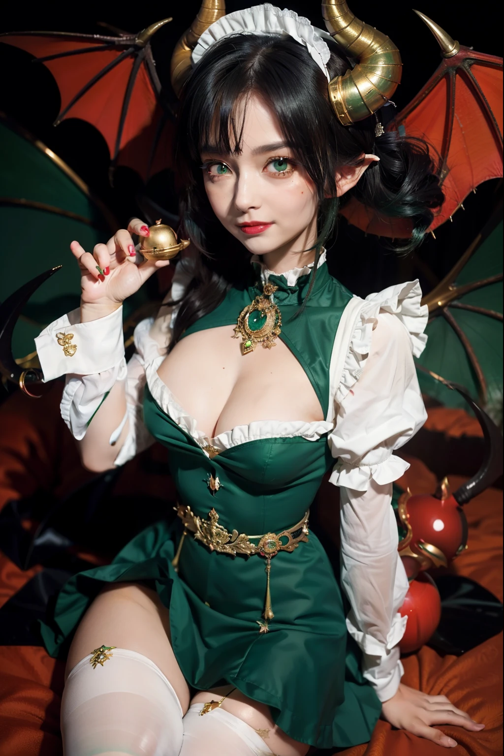 Imp, ((female (intelligent, cunning))), bat wings, red skin, horns adorned with golden bells, ((emerald green eyes (vibrant))), mischievous smile, unusual delights (creation), ((troublemaker))), ((maid))