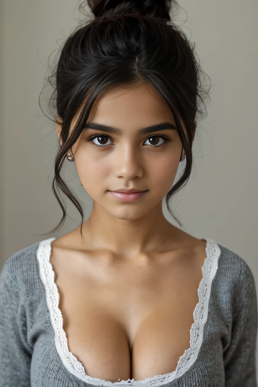 masutepiece、top-quality、hight resolution、Eleonora Pavinato, , Youngest headshot in the room sweter z dużym dekoltem you can see big breasts Beautiful bust Pakistani girl Black hair Bun hair (((Beautiful firm 40C round breasts))) are big comb oczami seksowna